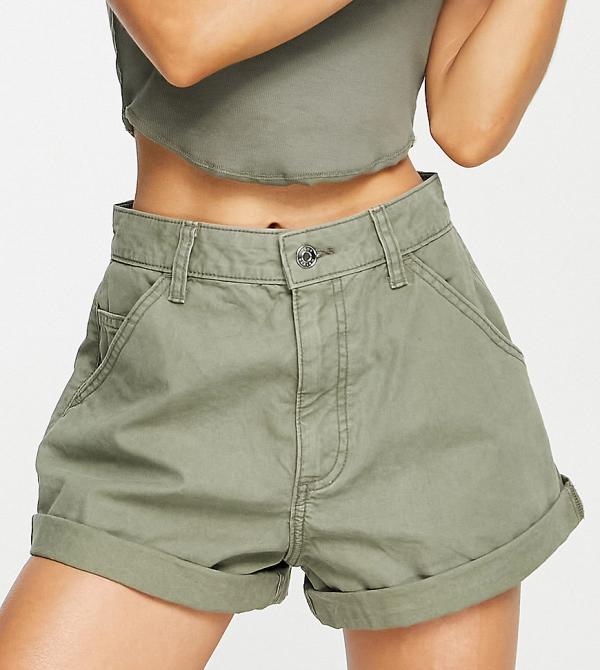 ASOS DESIGN Petite slouchy mom shorts in washed khaki-Green