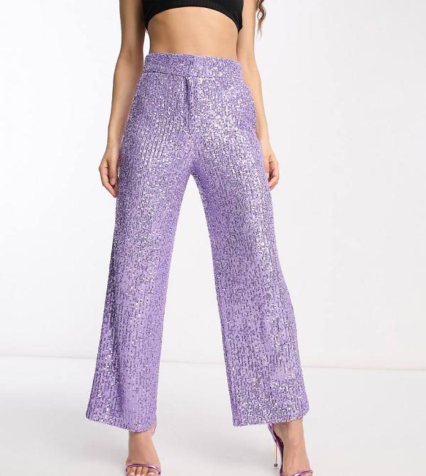 ASOS DESIGN Petite straight sequin ankle grazer pants in purple