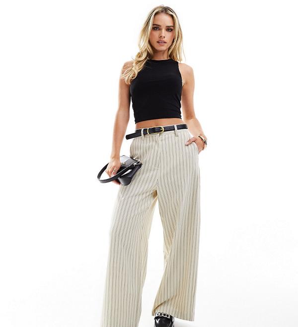 ASOS DESIGN Petite tailored pants with belt in cream stripe-White