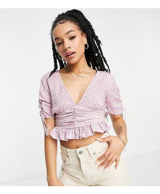 ASOS DESIGN Petite v neck tea blouse with ruched waist detail and peplum hem in lilac floral-Multi