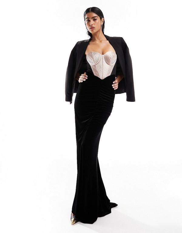 ASOS DESIGN premium contrast corset and velvet mix maxi dress in black and pink-Multi