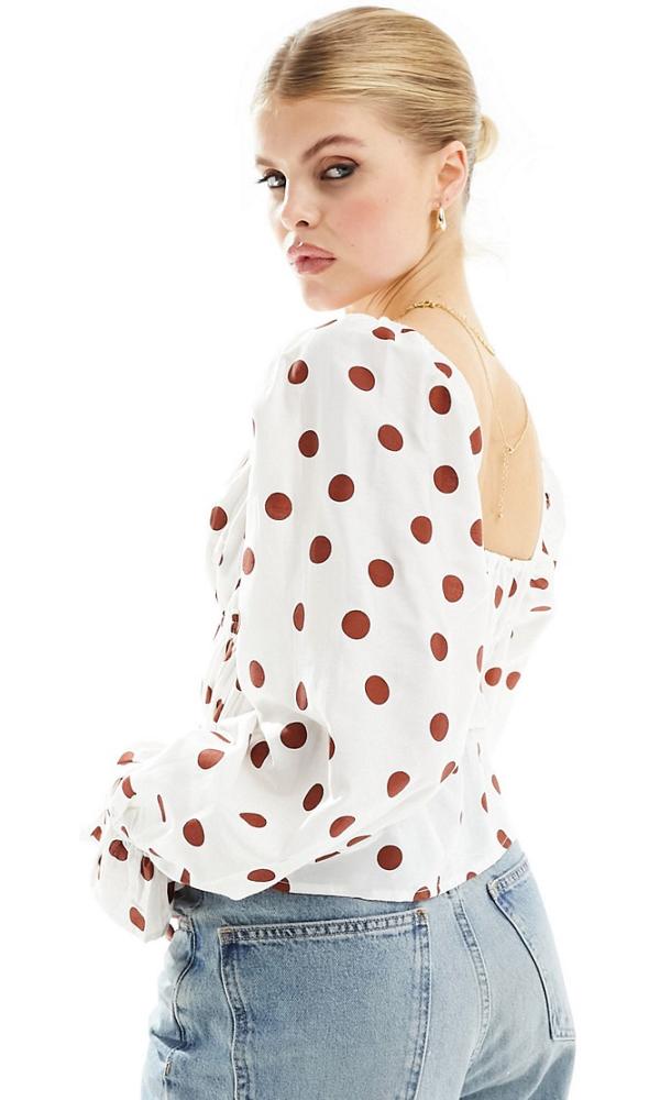 ASOS DESIGN puff sleeve square neck blouse in spot print-Multi
