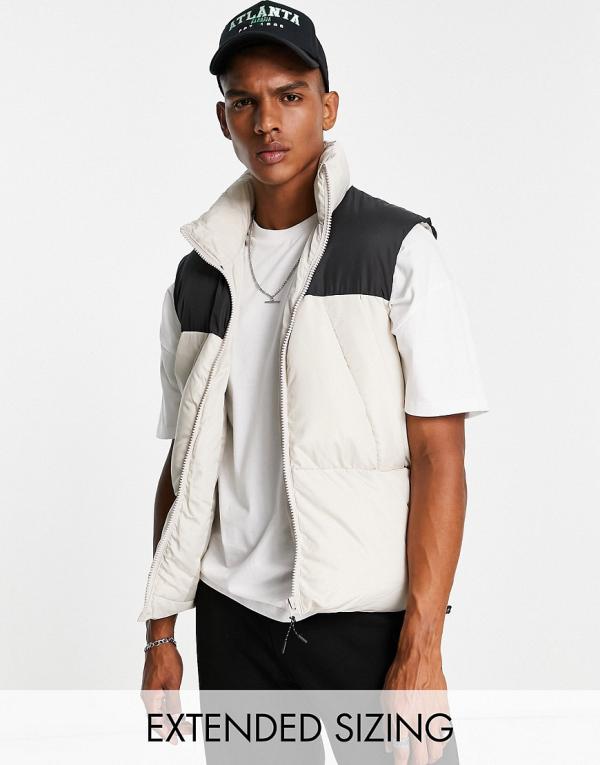 ASOS DESIGN puffer vest in stone with contrast black yoke-Neutral