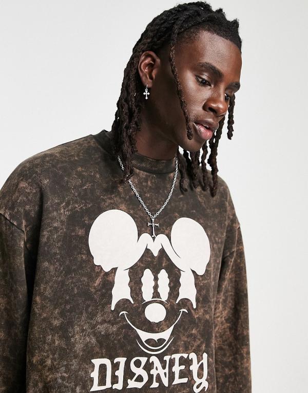 ASOS DESIGN Punk Mickey oversized sweatshirt with Disney prints in brown wash (Part of a set)