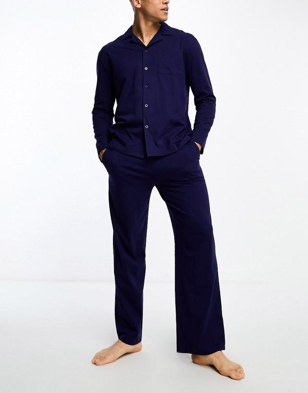 ASOS DESIGN pyjama set with long sleeve shirt and pants in navy jersey