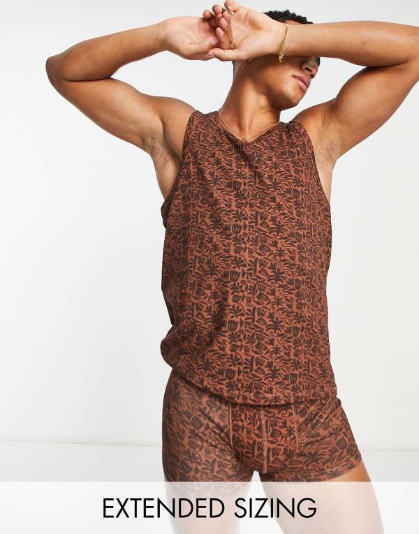 ASOS DESIGN pyjama set with singlet and trunks in brown tonal print