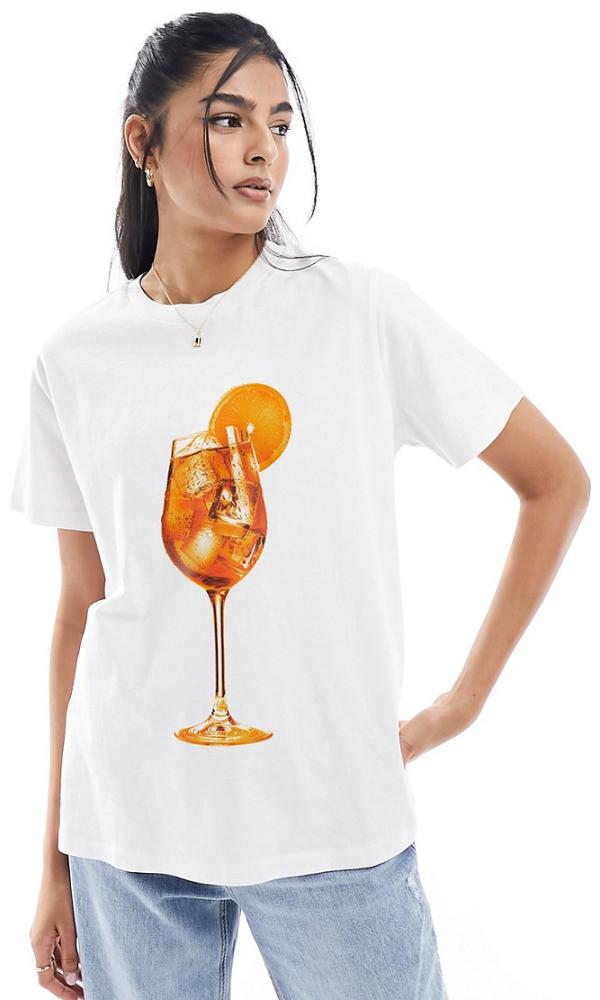 ASOS DESIGN regular fit t-shirt with orange spritz drink graphic in white