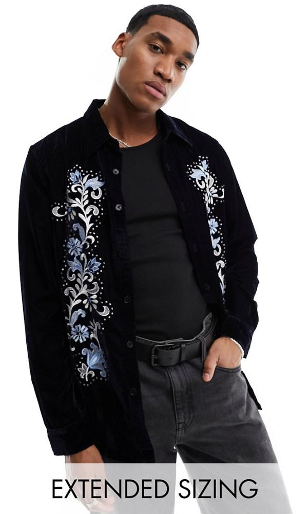 ASOS DESIGN regular fit velvet shirt with embroidery in navy