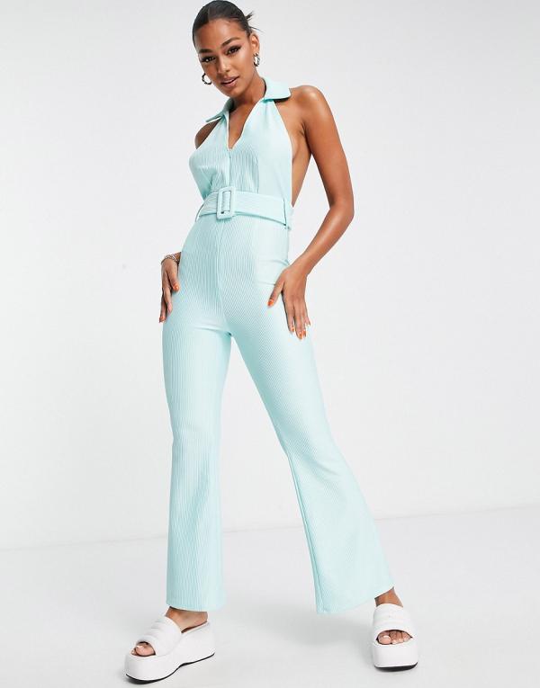 ASOS DESIGN rib zip front collared jumpsuit with belt in baby blue