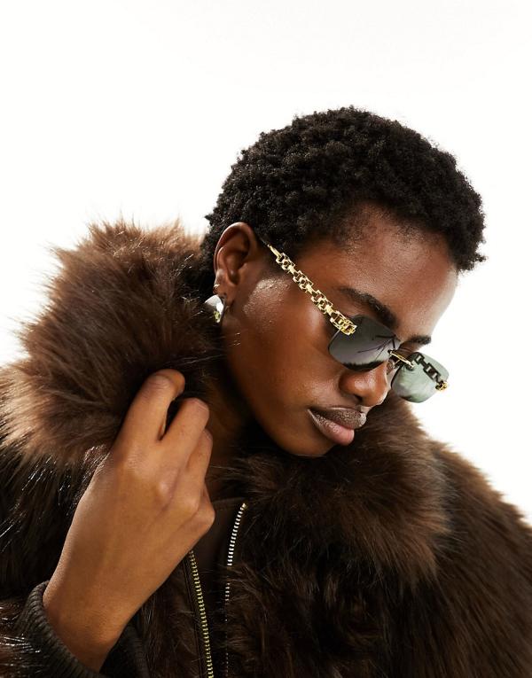 ASOS DESIGN rimless 90s sunglasses with chain temple-Gold