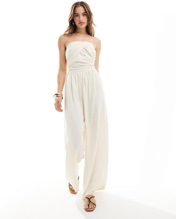 ASOS DESIGN ruched bandeau jumpsuit in cream-White