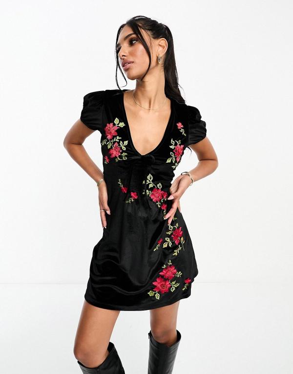 ASOS DESIGN ruched bust cap sleeve mini dress in velvet with rose embroidery-Black