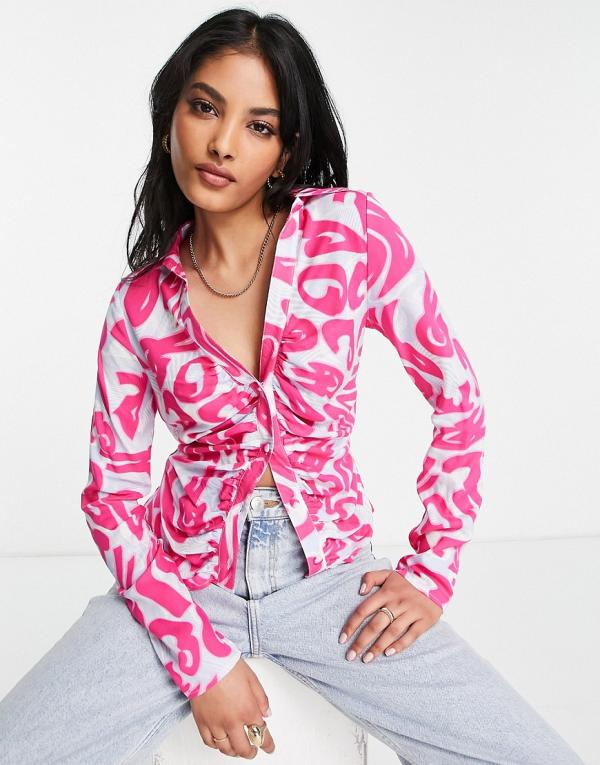 ASOS DESIGN ruched front shirt in blue & pink abstract alphabet print-Multi