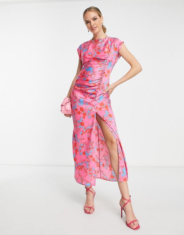ASOS DESIGN ruched side button cap sleeve satin maxi dress in pink based floral print-Multi