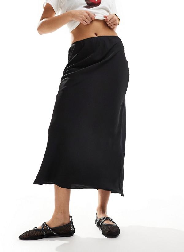 ASOS DESIGN satin bias midi skirt in black