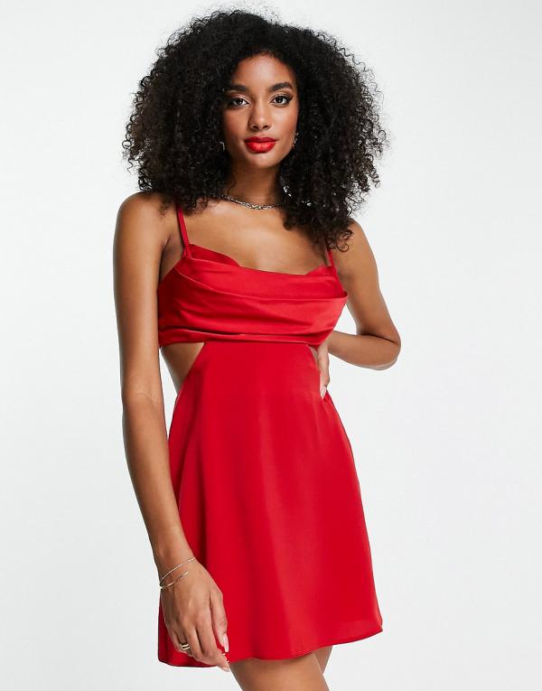 ASOS DESIGN satin bias mini dress with pleated bodice and cut-out detail-Red