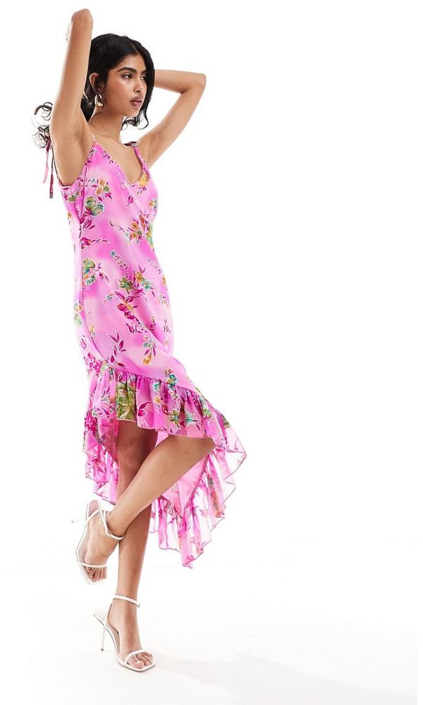 ASOS DESIGN satin burnout cami dress with asymmetric frill hem in bright pink floral-Multi