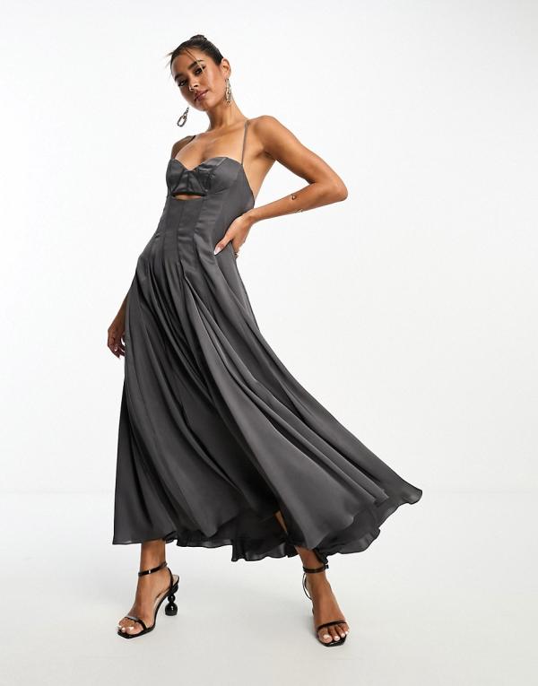 ASOS DESIGN satin cami corset midi dress with full skirt in charcoal-Grey