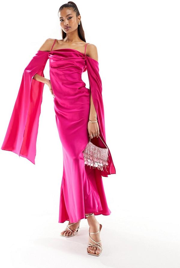 ASOS DESIGN satin cold shoulder maxi dress with exaggerated sleeve in hot pink
