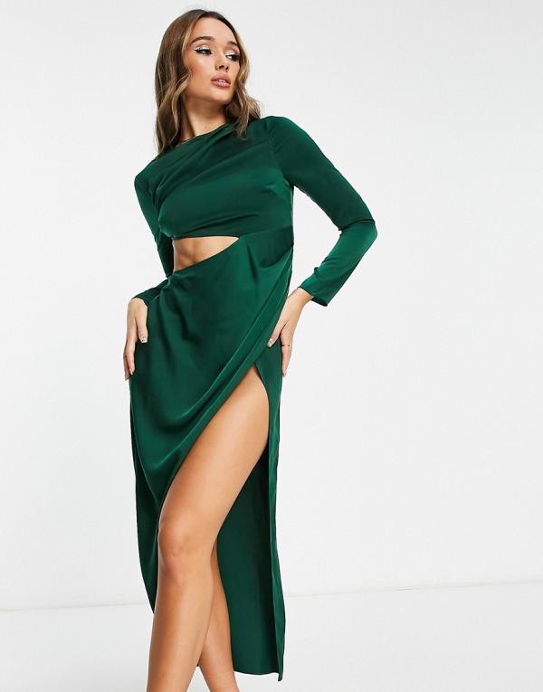 ASOS DESIGN satin drape front midi dress with side cut out waist detail in dark green