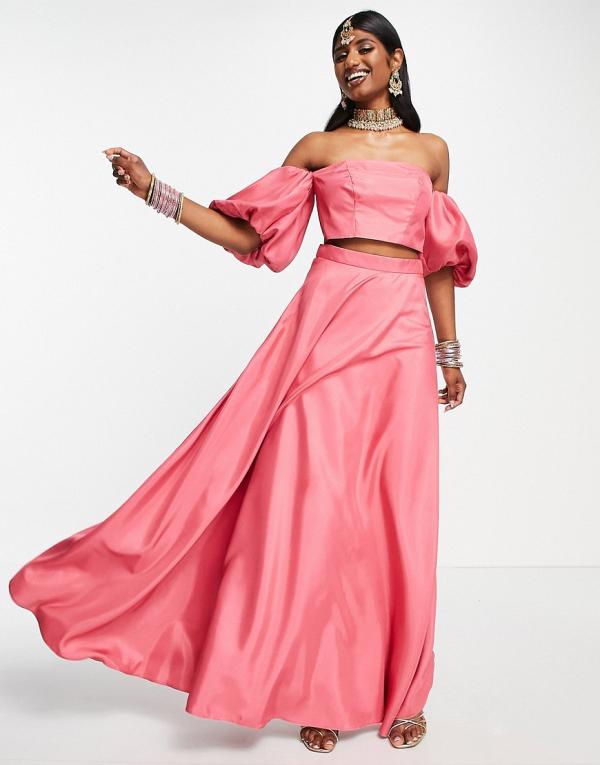 ASOS DESIGN satin lehenga skirt in bright pink (part of a set)