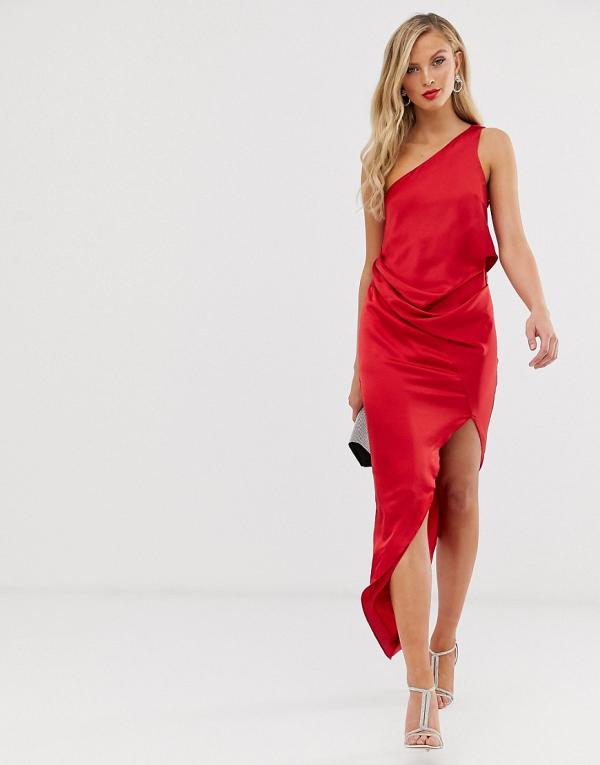 ASOS DESIGN satin one-shoulder drape midi dress in red