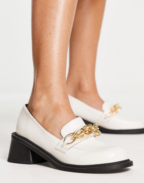 ASOS DESIGN Sergio mid heeled loafers with chain in off white-Neutral