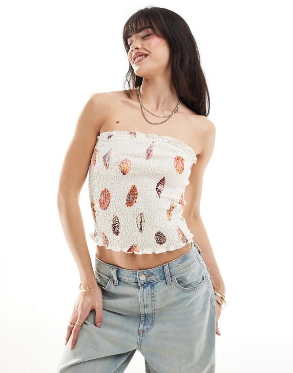 ASOS DESIGN shirred bandeau top in shell print-White