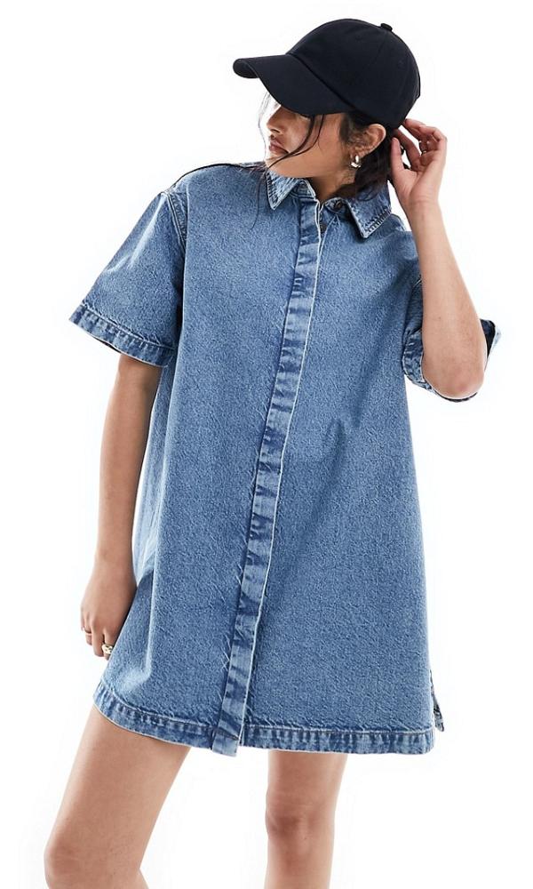 ASOS DESIGN short sleeve denim shirt dress in midwash blue