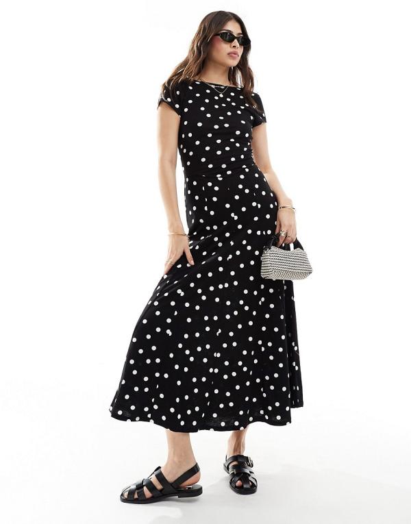 ASOS DESIGN short sleeve low back maxi dress in mono polka dot-Black