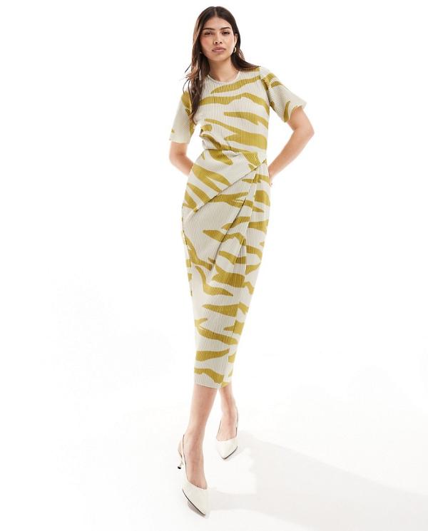 ASOS DESIGN short sleeve plisse twist skirt midi dress in green zebra print-Multi