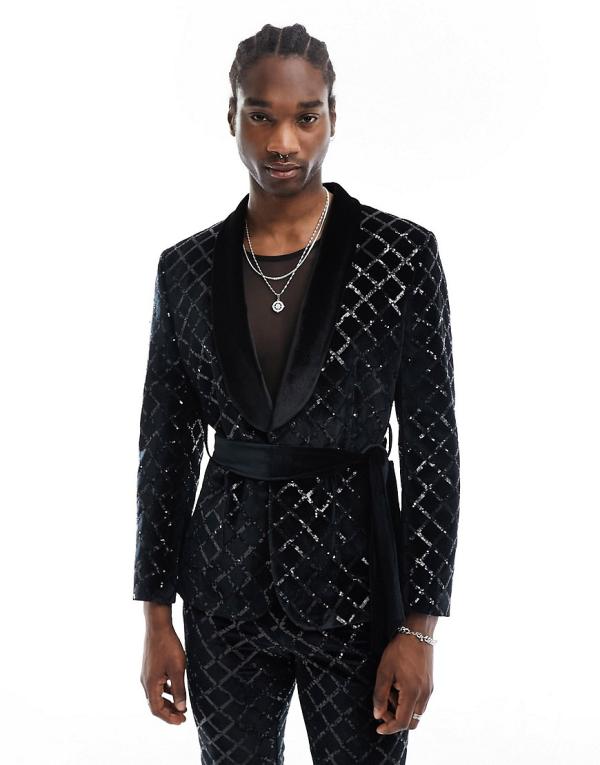 ASOS DESIGN skinny diamond sequin suit jacket in black