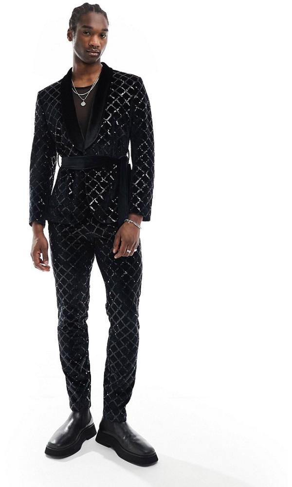 ASOS DESIGN skinny diamond sequin suit pants in black