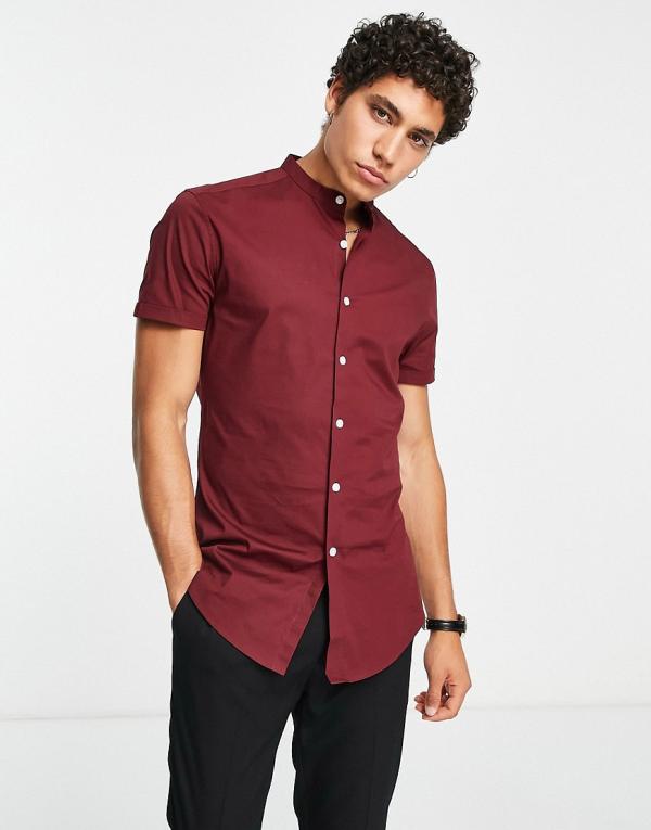 ASOS DESIGN skinny fit shirt with grandad collar in burgundy-Red