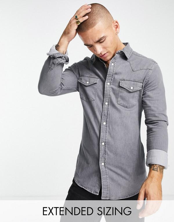 ASOS DESIGN skinny fit western denim shirt in washed black-Grey