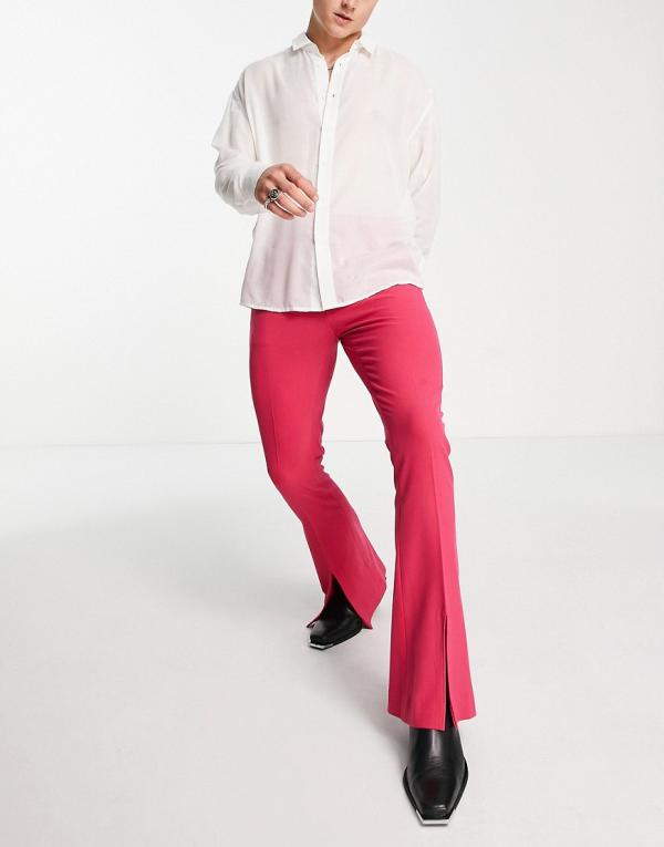 ASOS DESIGN skinny flared pants with extreme hem split in raspberry pink