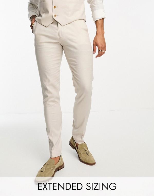 ASOS DESIGN skinny linen mix suit pants in stone-Neutral