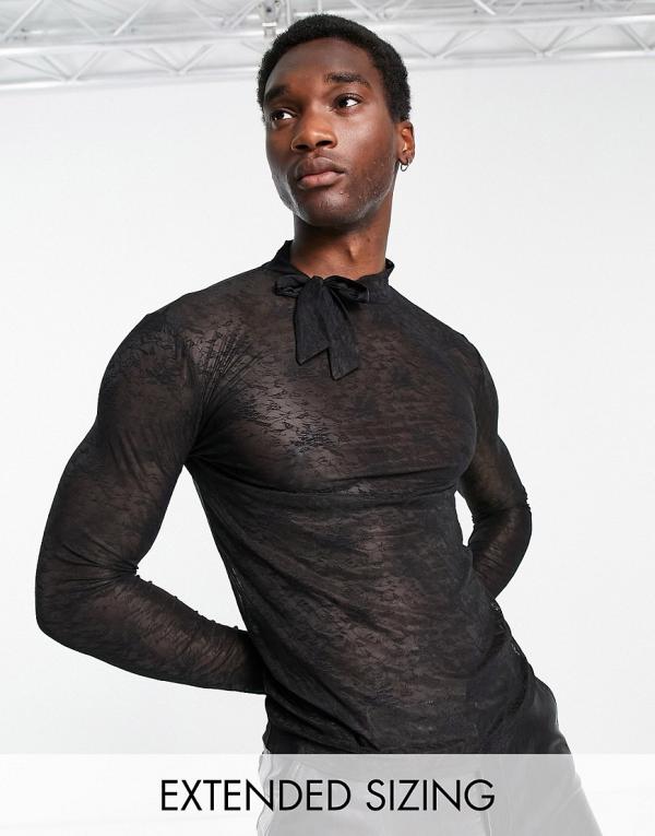 ASOS DESIGN skinny long sleeve t-shirt in black lace with high neck and tie