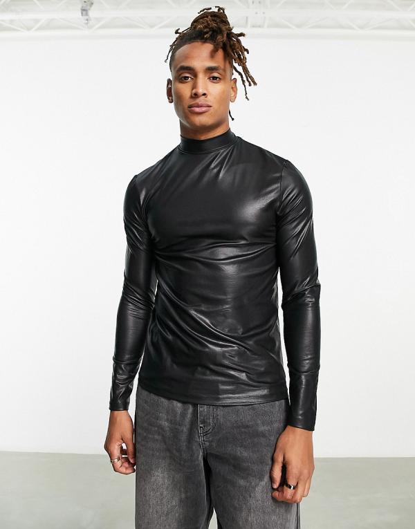 ASOS DESIGN skinny long sleeve t-shirt in textured faux leather with turtle neck-Black