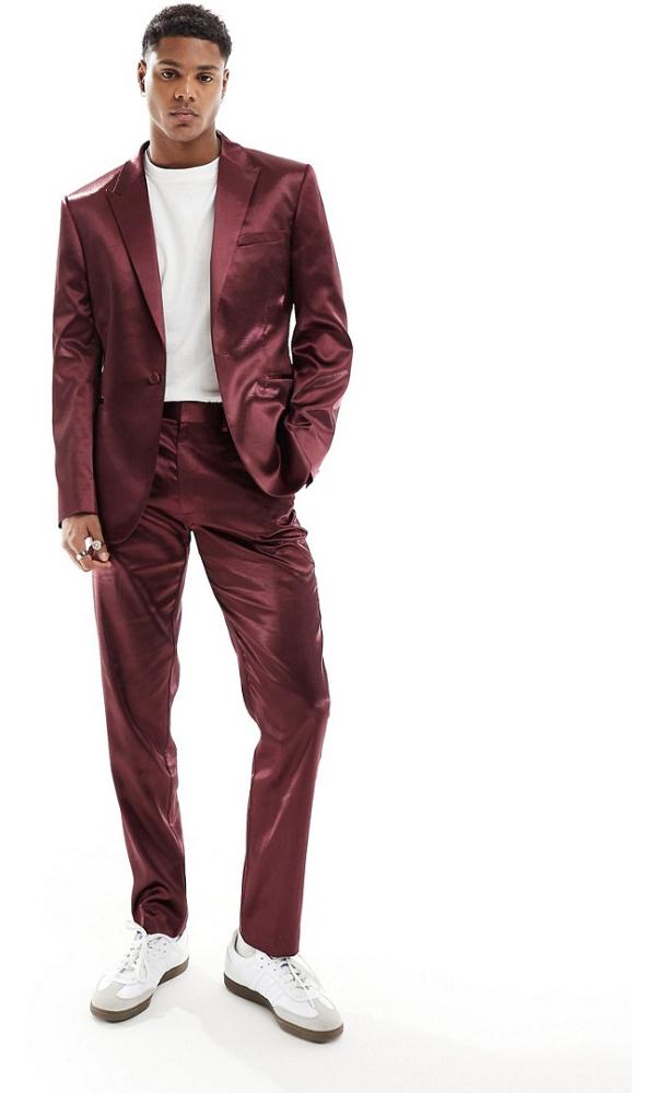 ASOS DESIGN skinny satin suit pants in burgundy-Red