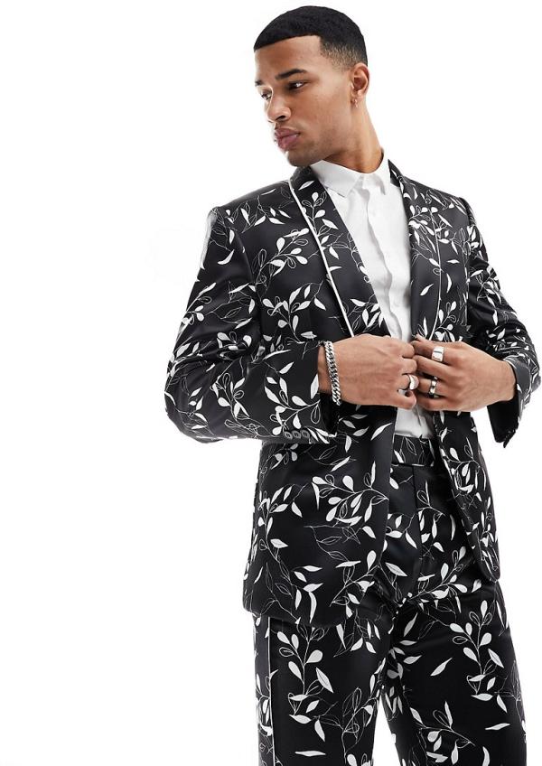 ASOS DESIGN skinny suit jacket in black floral print with white piping