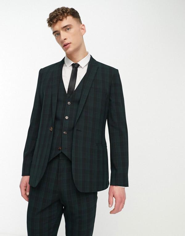 ASOS DESIGN skinny suit jacket in forest green check