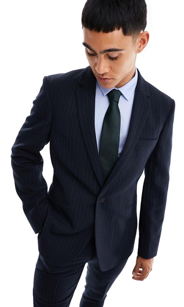 ASOS DESIGN skinny suit jacket in navy wool pinstripe