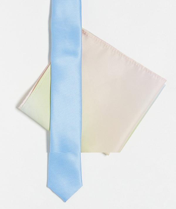 ASOS DESIGN skinny tie in blue with ombre rainbow pocket square-Multi