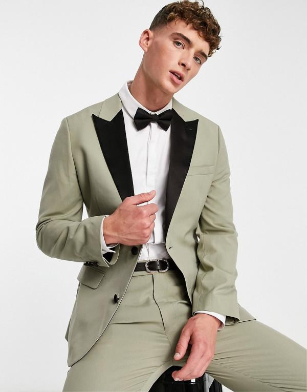 ASOS DESIGN skinny tuxedo suit jacket in khaki-Green