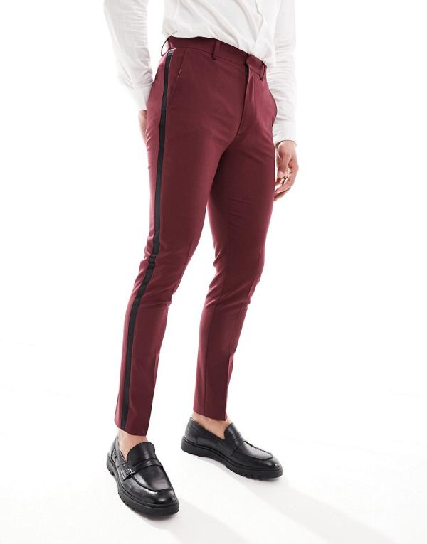 ASOS DESIGN skinny tuxedo suit pants in burgundy-Red