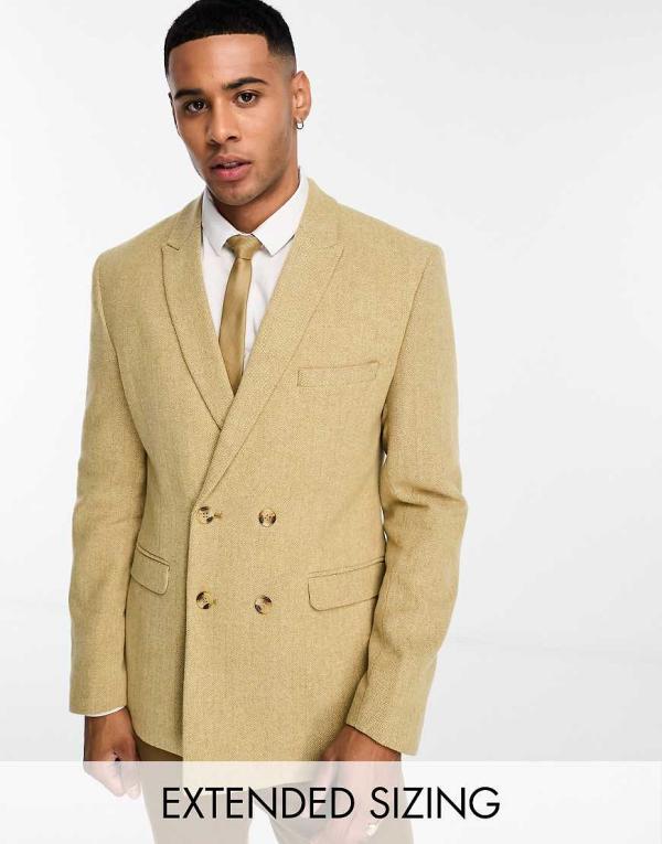 ASOS DESIGN skinny wool mix blazer in stone herringbone-Neutral