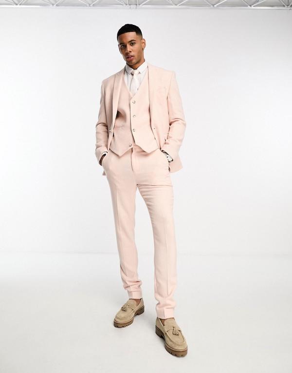 ASOS DESIGN skinny wool mix suit pants in pastel pink herringbone