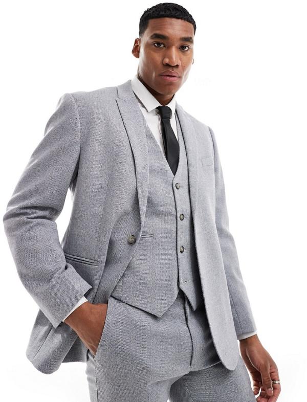 ASOS DESIGN slim fit wool mix suit jacket in grey basketweave-Blue