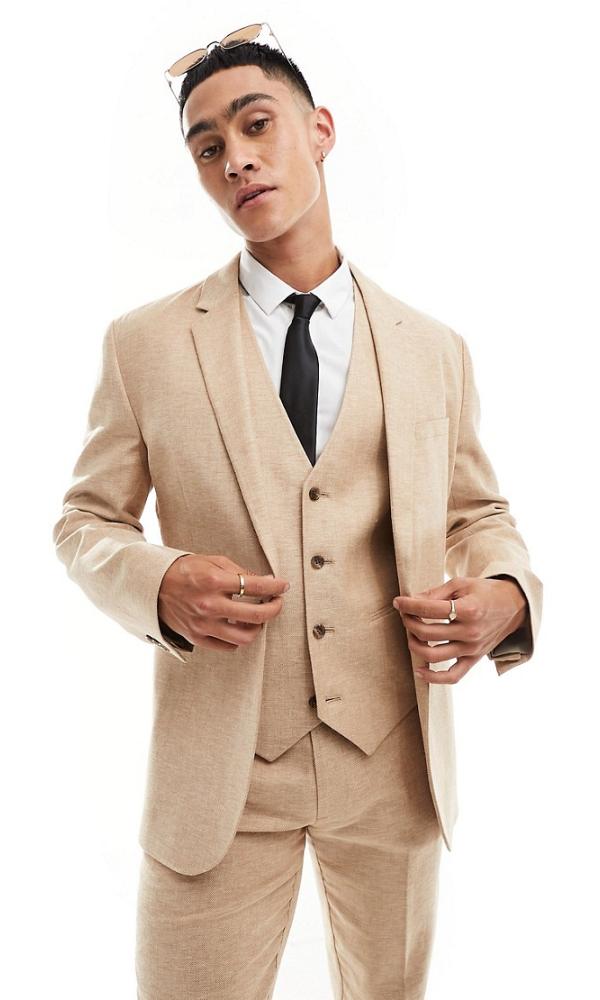 ASOS DESIGN slim herringbone suit jacket with linen in stone-Brown